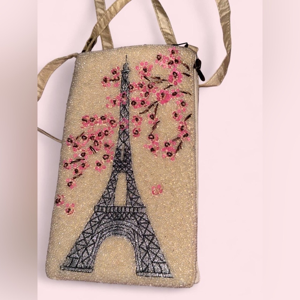 BAMBOO Beige and Pink Eiffel Tower Crossbody Bag